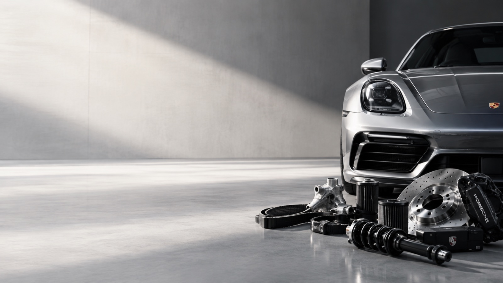 รถ Porsche สีเงินพร้อมอะไหล่แท้ จานเบรก คาลิปเปอร์ โช้ค ไส้กรอง สายพาน — MCR Autoparts