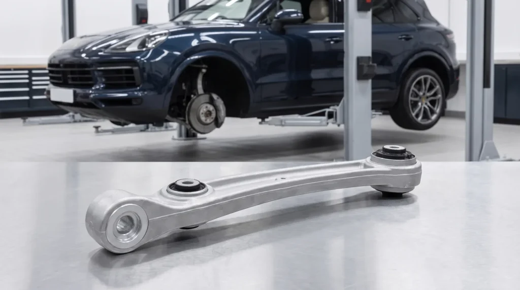ปีกนกล่างอะลูมิเนียม OEM บนโต๊ะช่าง มีรถ Porsche Cayenne E3 ยกบนลิฟต์ด้านหลัง