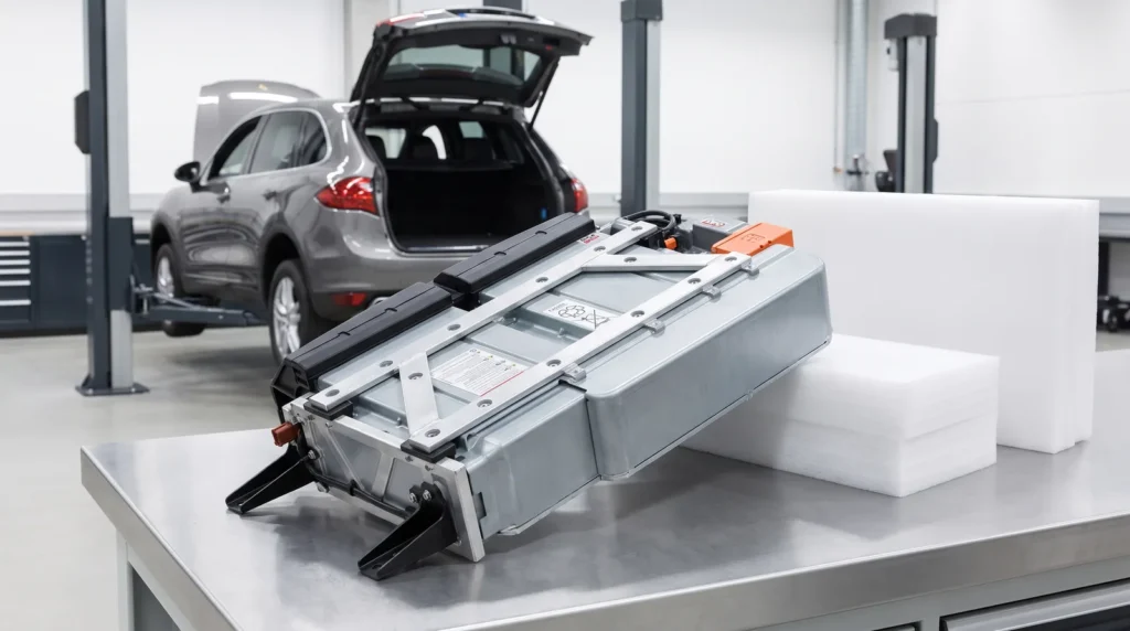 ชุดแบตเตอรี่ไฮบริด Porsche Cayenne S Hybrid 958 บนโต๊ะช่าง มีรถ Cayenne ยกบนลิฟต์อยู่ด้านหลัง